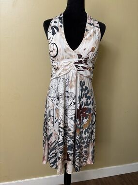 Cristinalove Beige, Black & Brown Mixed Print Midi Halter Dress